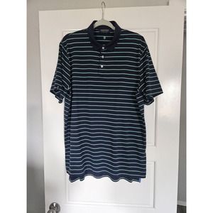 Mens Polo Golf Moisture Wicking Shirt Size L Navy Blue Green Stripes